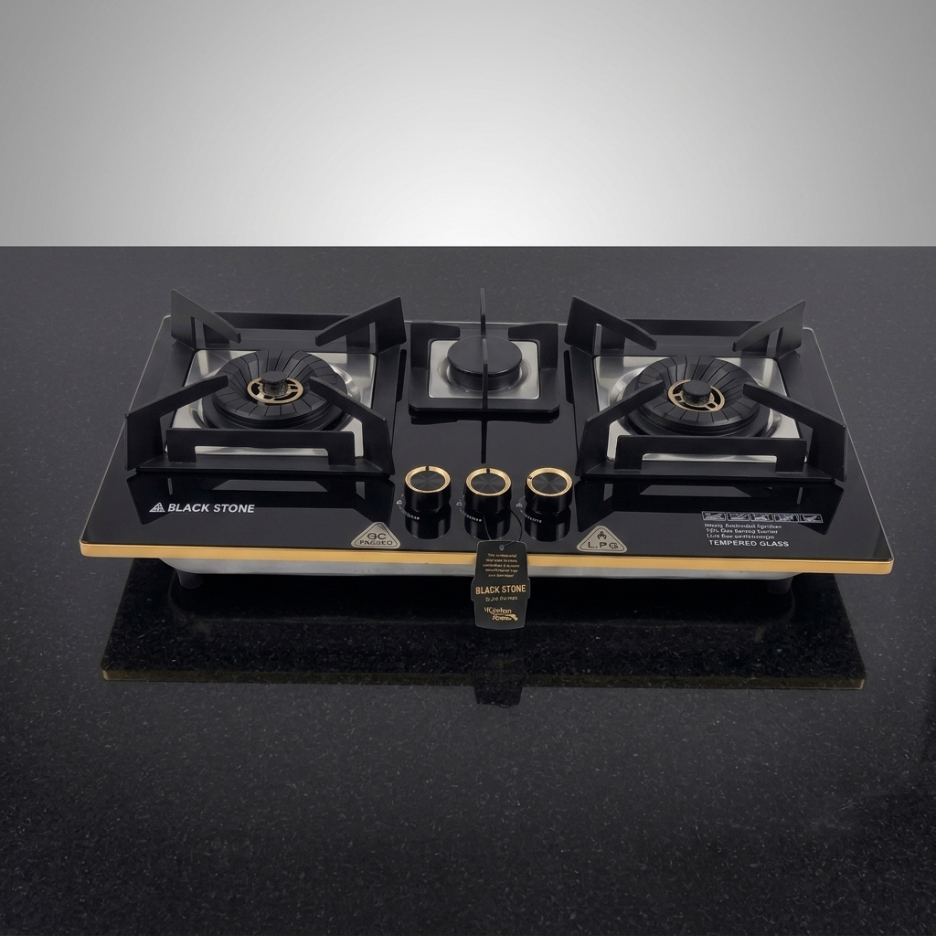 Black Stone BS-850 Glass Top Built-in Gas Hob | 2 Burner Auto Ignition | 16×28 Inch